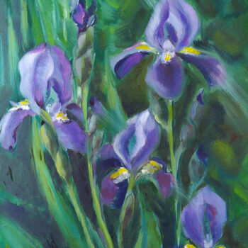 Schilderij getiteld "Irises after rain" door Marija Rudnewa, Origineel Kunstwerk, Olie