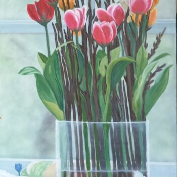 Malerei mit dem Titel "Tulpen im Glasvase" von Marija Weiß, Original-Kunstwerk, Acryl