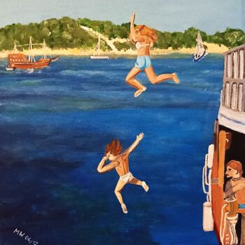 Malerei mit dem Titel "Kinder springen vom…" von Marija Weiß, Original-Kunstwerk, Acryl