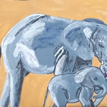 Peinture intitulée "Elefanten Kuh mit z…" par Marija Weiß, Œuvre d'art originale, Acrylique