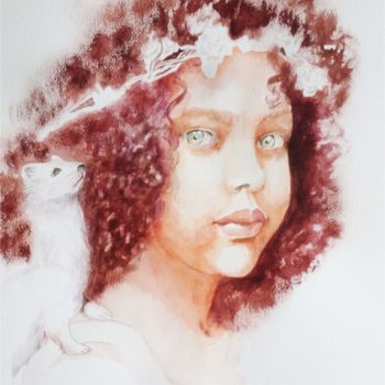Painting titled "girl with ermine" by Marijke Vanwezer, Original Artwork, Watercolor