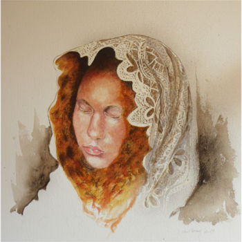 Schilderij getiteld "girl with lace cloth" door Marijke Vanwezer, Origineel Kunstwerk, Aquarel