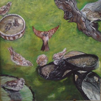 Pintura intitulada "los gorriones" por Marilo, Obras de arte originais, Óleo