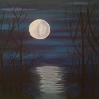 Painting titled "Lune sur le lac" by Mjoly, Original Artwork, Acrylic