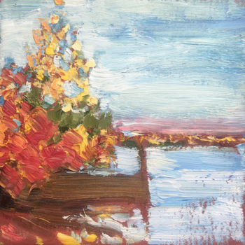 Painting titled "autumn on the lake" by Marina Babintseva, Original Artwork, Oil