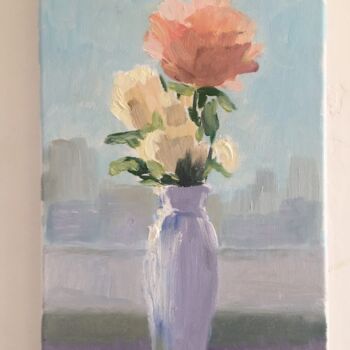 Painting titled "Roses on the window" by Marina Babintseva, Original Artwork, Oil