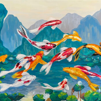 Painting titled "Koi carp rejoice at…" by Marina Beresneva, Original Artwork, Acrylic Mounted on Wood Stretcher frame