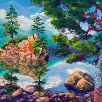 Painting titled "Three pine trees by…" by Marina Beresneva, Original Artwork, Acrylic Mounted on Wood Stretcher frame