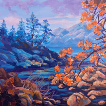 Painting titled "Evening lake in the…" by Marina Beresneva, Original Artwork, Acrylic Mounted on Wood Stretcher frame
