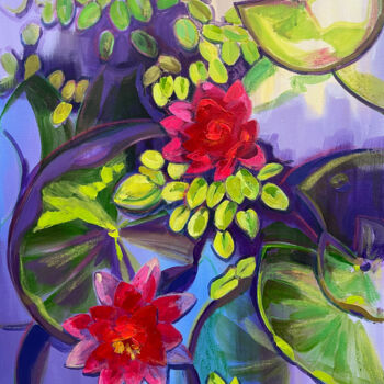 Painting titled "Lotuses" by Marina Beresneva, Original Artwork, Acrylic Mounted on Wood Stretcher frame