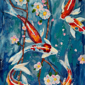 Painting titled "Koi in the spring" by Marina Beresneva, Original Artwork, Acrylic Mounted on Wood Stretcher frame