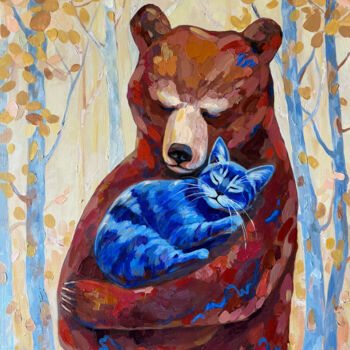 Painting titled "Dreams of a cat" by Marina Beresneva, Original Artwork, Acrylic Mounted on Wood Stretcher frame