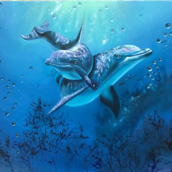 Painting titled "Dolphins" by Marina Gavrilova, Original Artwork, Oil