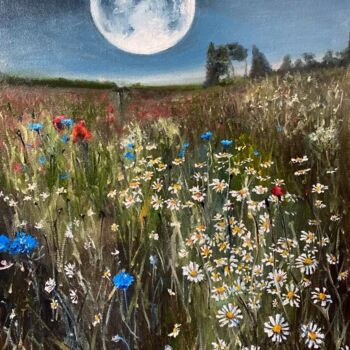 Painting titled "Moon and daisies" by Marina Gavrilova, Original Artwork, Oil