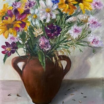 Painting titled "Cornflowers, Bouque…" by Marina Gavrilova, Original Artwork, Oil