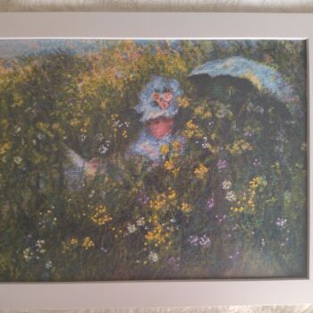 Arte tessile intitolato "Monet "Dans la Prai…" da Marina Gor, Opera d'arte originale, Ricamo Montato su Pannello di legno