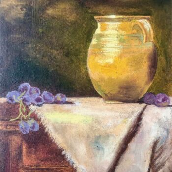 Painting titled "Grapes and Jug" by Marina Gorbachova, Original Artwork, Oil