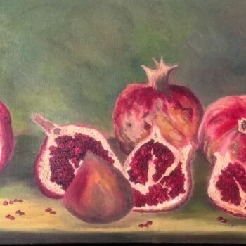 Картина под названием "Pomegranates on a t…" - Marina Gorbachova, Подлинное произведение искусства, Масло