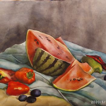 Painting titled "Арбуз в сентябре" by Karina Loza, Original Artwork, Watercolor