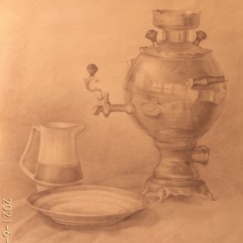 Drawing titled "Натюрморт с самовар…" by Karina Loza, Original Artwork, Pencil