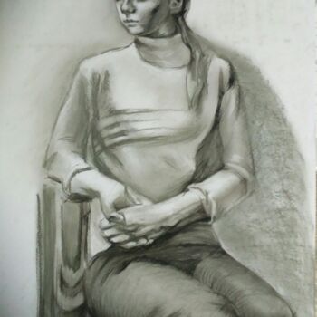 Dibujo titulada "Девушка на стуле" por Karina Loza, Obra de arte original, Pastel
