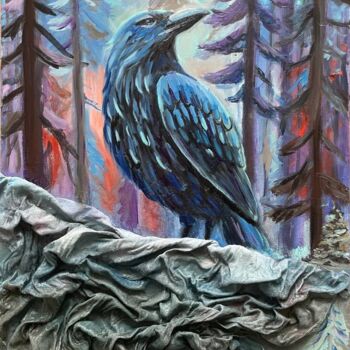 Peinture intitulée "Mystical raven with…" par Marina Zhivliuk, Œuvre d'art originale, Huile