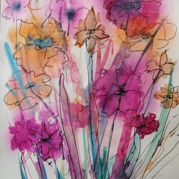 Peinture intitulée "bouquet rose et ora…" par Marina Mothes, Œuvre d'art originale, Aquarelle