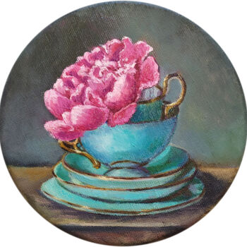 Painting titled "Peony in a turquois…" by Marina Petrova, Original Artwork, Oil