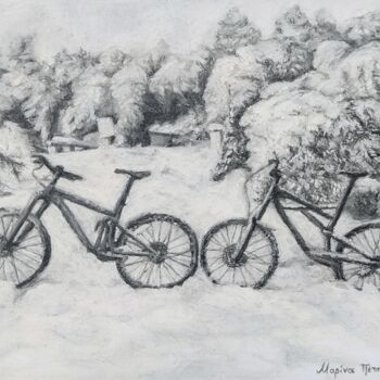 Painting titled "bicycles in the snow" by Marina Petsali, Original Artwork, Pastel