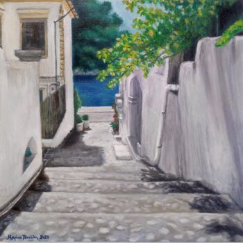Painting titled "steps to the coastl…" by Marina Petsali, Original Artwork, Oil Mounted on Wood Stretcher frame