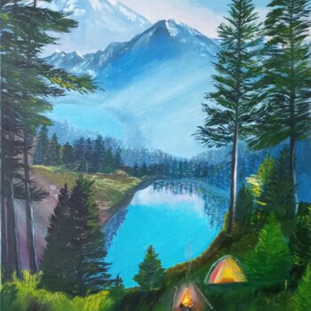Картина под названием "Lake in The Mountai…" - Marina Pingitzer, Подлинное произведение искусства, Масло