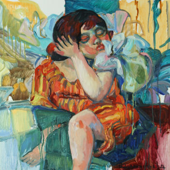 Painting titled "Girl with a flower" by Marina Podgaevskaya, Original Artwork, Oil