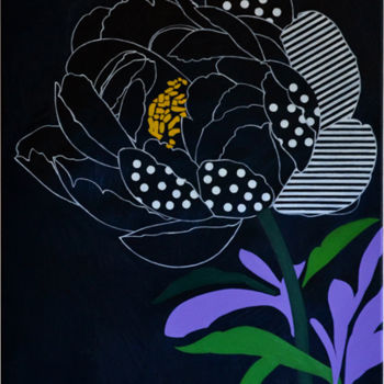 Painting titled "Peony with lines" by Marina Rusalka, Original Artwork, Oil Mounted on Wood Stretcher frame