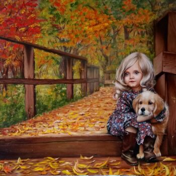 Pintura titulada "Girl and puppy" por Marina Ternavskaya, Obra de arte original, Oleo Montado en Cartulina