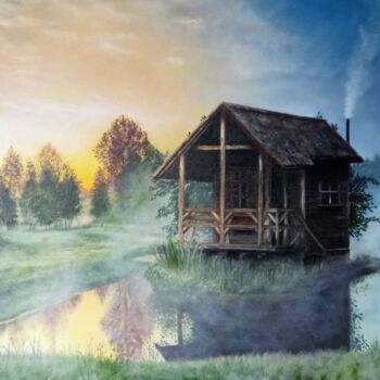 Schilderij getiteld "Hunting lodge" door Marina Ternavskaya, Origineel Kunstwerk, Olie Gemonteerd op Karton