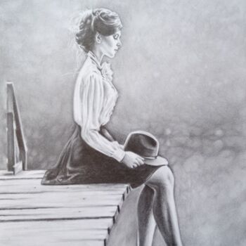 Рисунок под названием "Girl and hat" - Marina Ternavskaya, Подлинное произведение искусства, Карандаш
