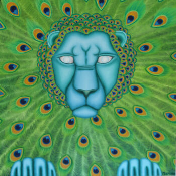Painting titled "Le Lion Bleu" by Marina Uman, Original Artwork, Oil Mounted on Wood Stretcher frame
