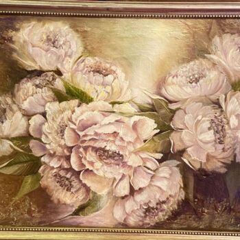 Картина под названием "White flowers peyon…" - Marina Zykova, Подлинное произведение искусства, Масло Установлен на Деревянн…