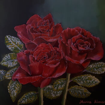 Painting titled "Three Red Roses" by Marina Alexander, Original Artwork, Oil