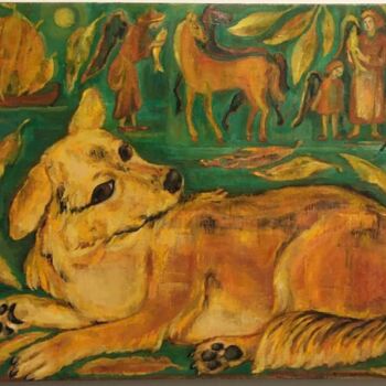 Schilderij getiteld "Autumn. Ginger dog" door Marina Kalinovsky, Origineel Kunstwerk, Olie