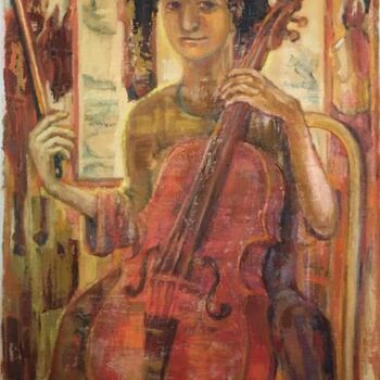 Painting titled "Boy with cello" by Marina Kalinovsky, Original Artwork, Oil
