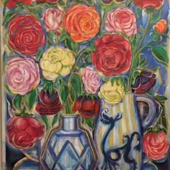 Painting titled "Flowers" by Marina Kalinovsky, Original Artwork, Oil