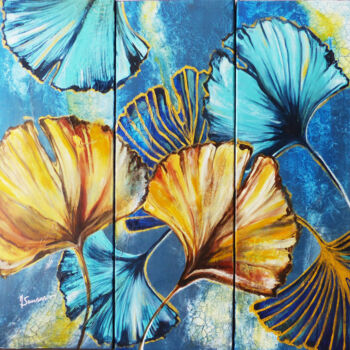 Painting titled "Feuilles de Ginkgo" by Marine Sansas, Original Artwork, Acrylic Mounted on Wood Stretcher frame