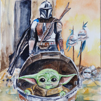 Painting titled "Mando et Baby Yoda" by Marine Sansas, Original Artwork, Watercolor