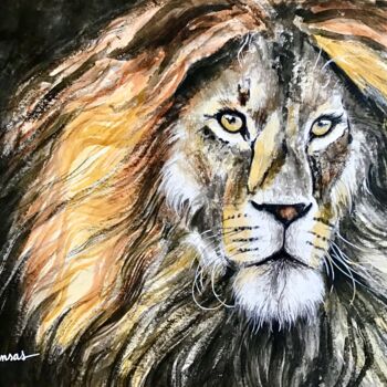 Painting titled "Le Roi Lion" by Marine Sansas, Original Artwork, Watercolor