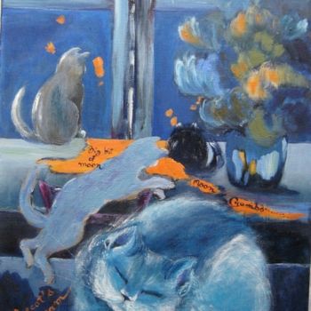 Painting titled "My cat's moon dream" by Marine Brivet, Original Artwork