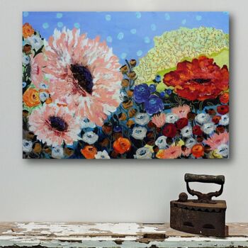 Painting titled "FLORAL EXPLOSION -…" by Marinela Puscasu, Original Artwork, Acrylic Mounted on Wood Stretcher frame
