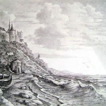 Dessin intitulée "Замок на морском бе…" par Oleg Kulagin, Œuvre d'art originale