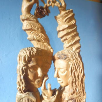 Sculptuur getiteld "Lovers With A Rose" door Marino Cargnel, Origineel Kunstwerk, Hout