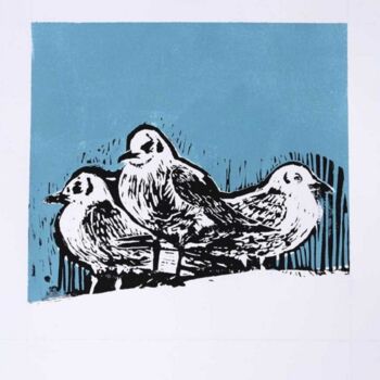Incisioni, stampe intitolato "Seagulls, linocut p…" da Victor Marin, Opera d'arte originale, Incisioni su linoleum